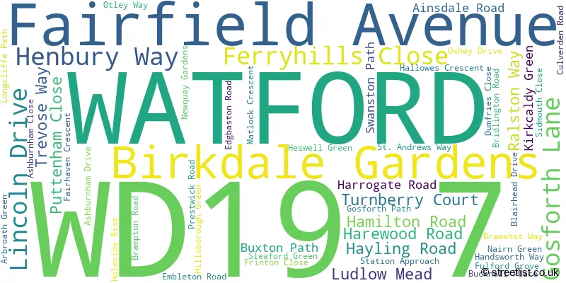 A word cloud for the WD19 7 postcode